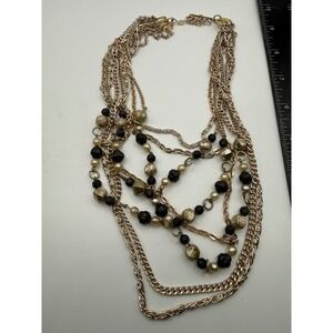 Vintage West Germany Multi Strand Gold Tone Black Bead Faux Pearl Necklace
